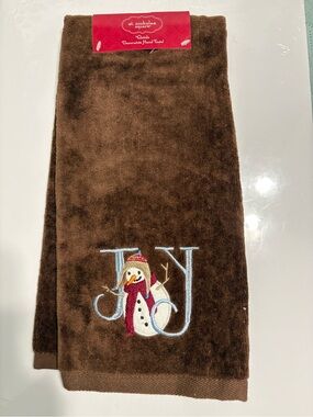 St. Nicholas Square Yuletide Hand Towel Christmas Snowman Brown Embroidered Joy